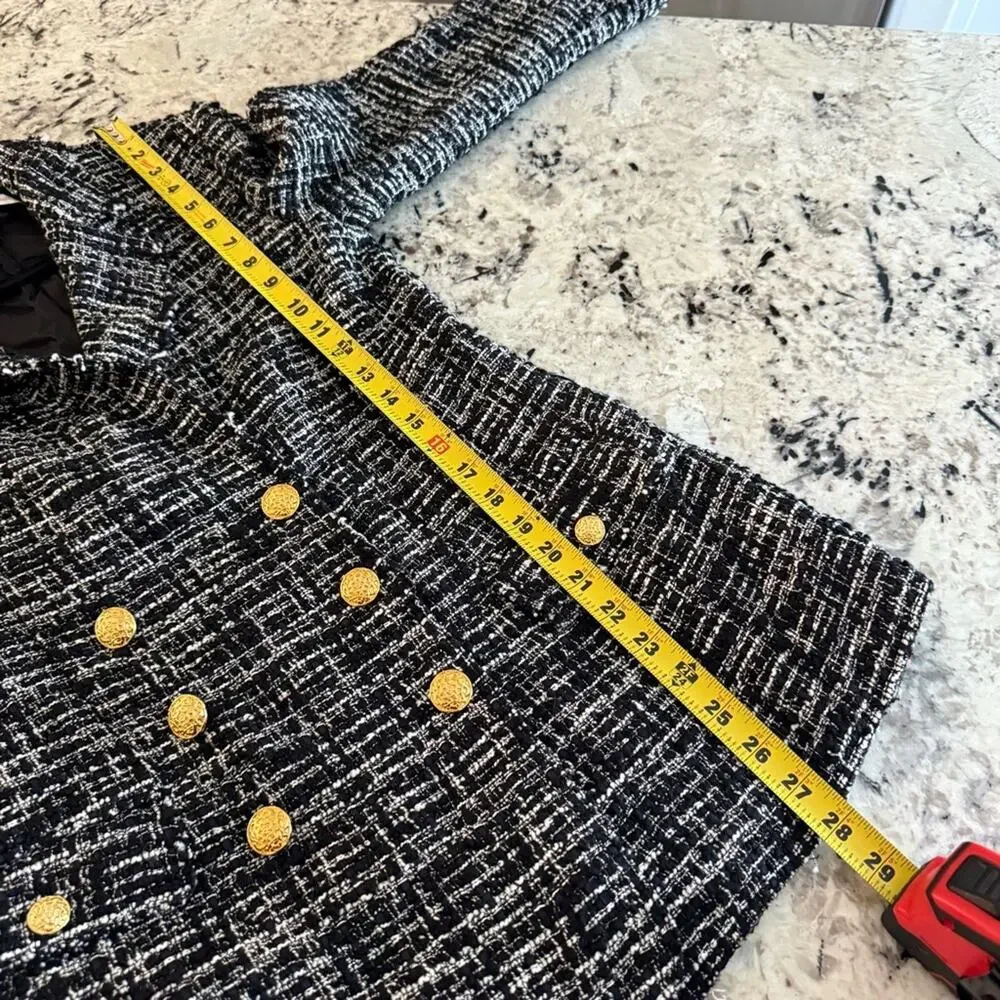 Zara Black Double Breasted Textured Tweed Blazer Small
